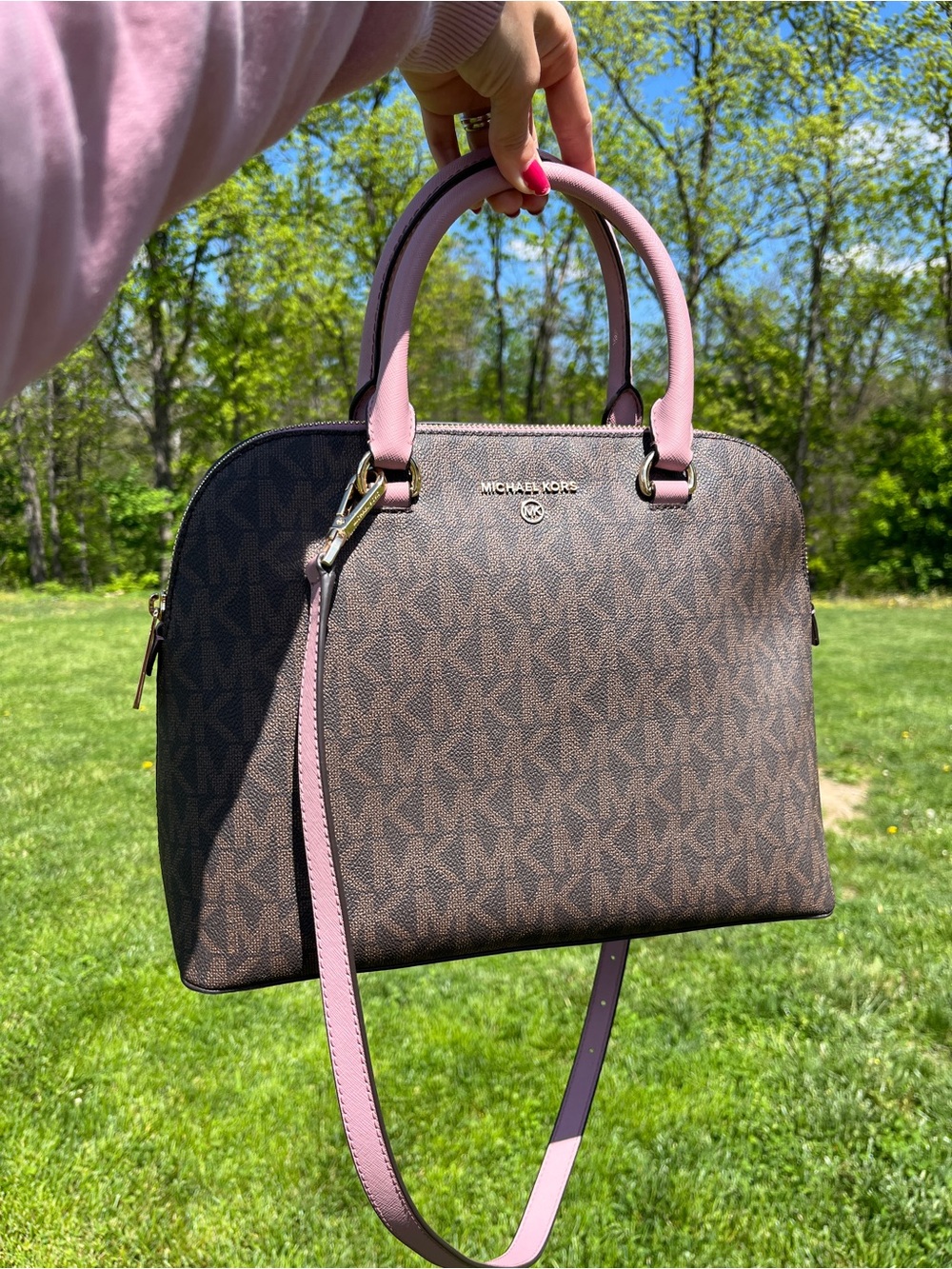 Michael Kors Monogram Signature Cindy Dome Satchel with Pink Trim